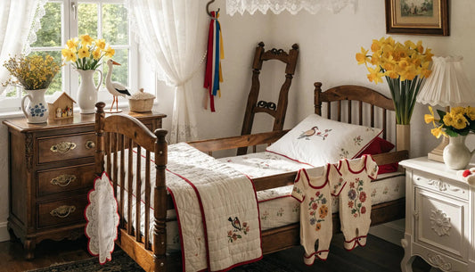 Nursery featuring German baby traditions like ribbons and storks, symbolizing new life and cultural heritage