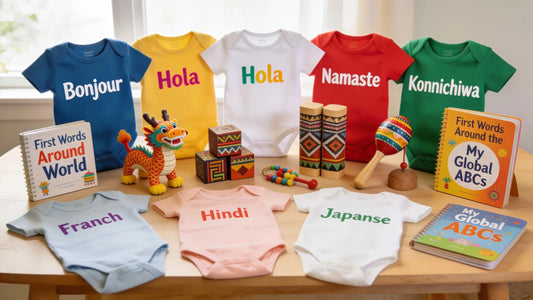 Vibrant multicultural baby gifts including diverse bodysuits, toys, and books celebrating cultural heritage.