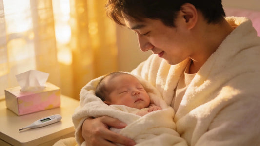 Nurturing moment between parent and newborn amidst a cozy atmosphere, reflecting health care and prevention during flu and RSV season