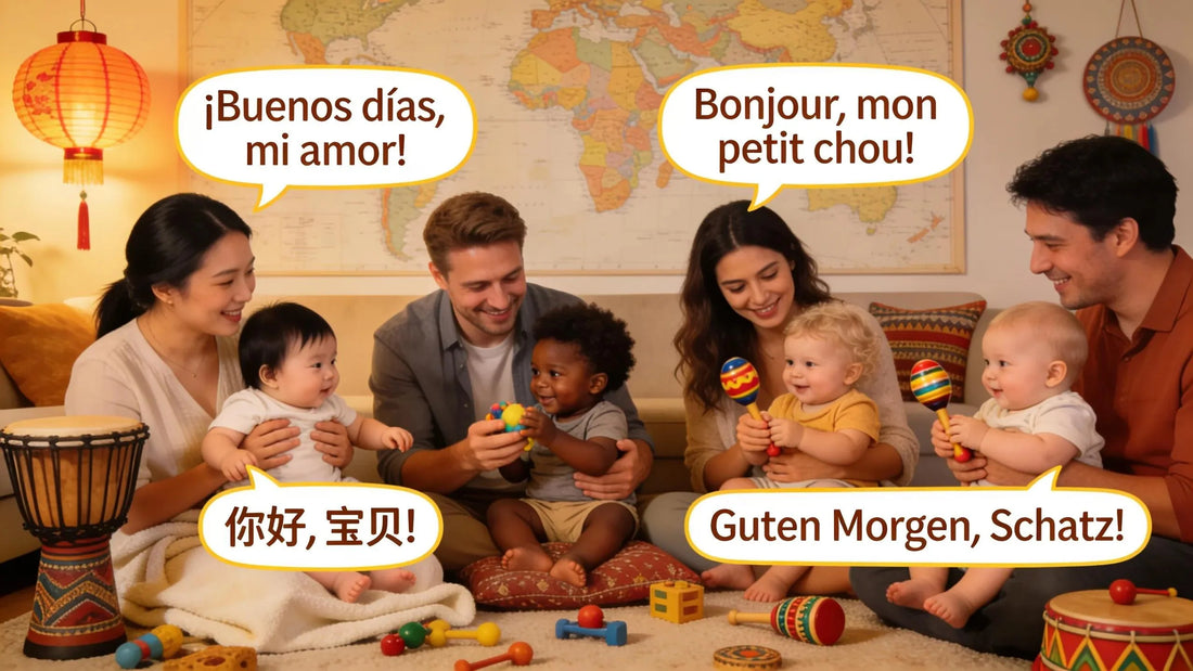 Diverse infants with parents showcasing multicultural parenting and the importance of baby words across languages