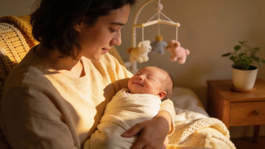 New parent cradling newborn in a cozy home setting, emphasizing newborn safety and affectionate boundaries.