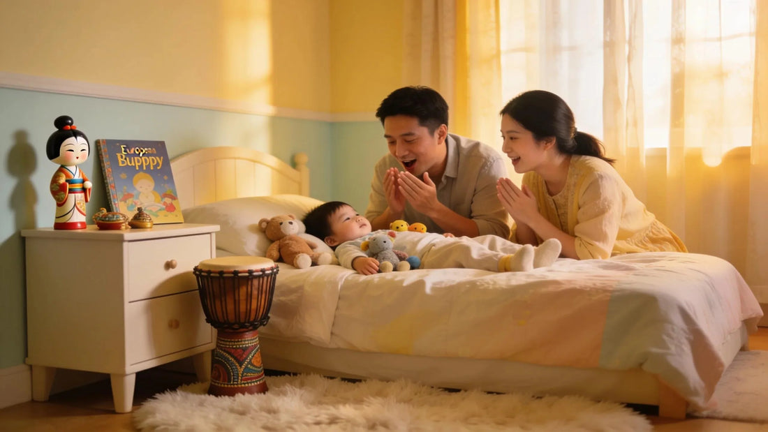 Imagery of a family engaging in bedtime traditions, emphasizing cultural richness and multilingualism in parenting