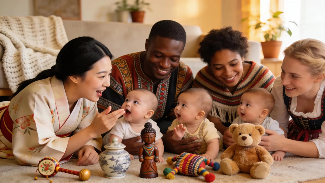 Multicultural parents interacting with infants, illustrating the significance of infant-directed speech in language development