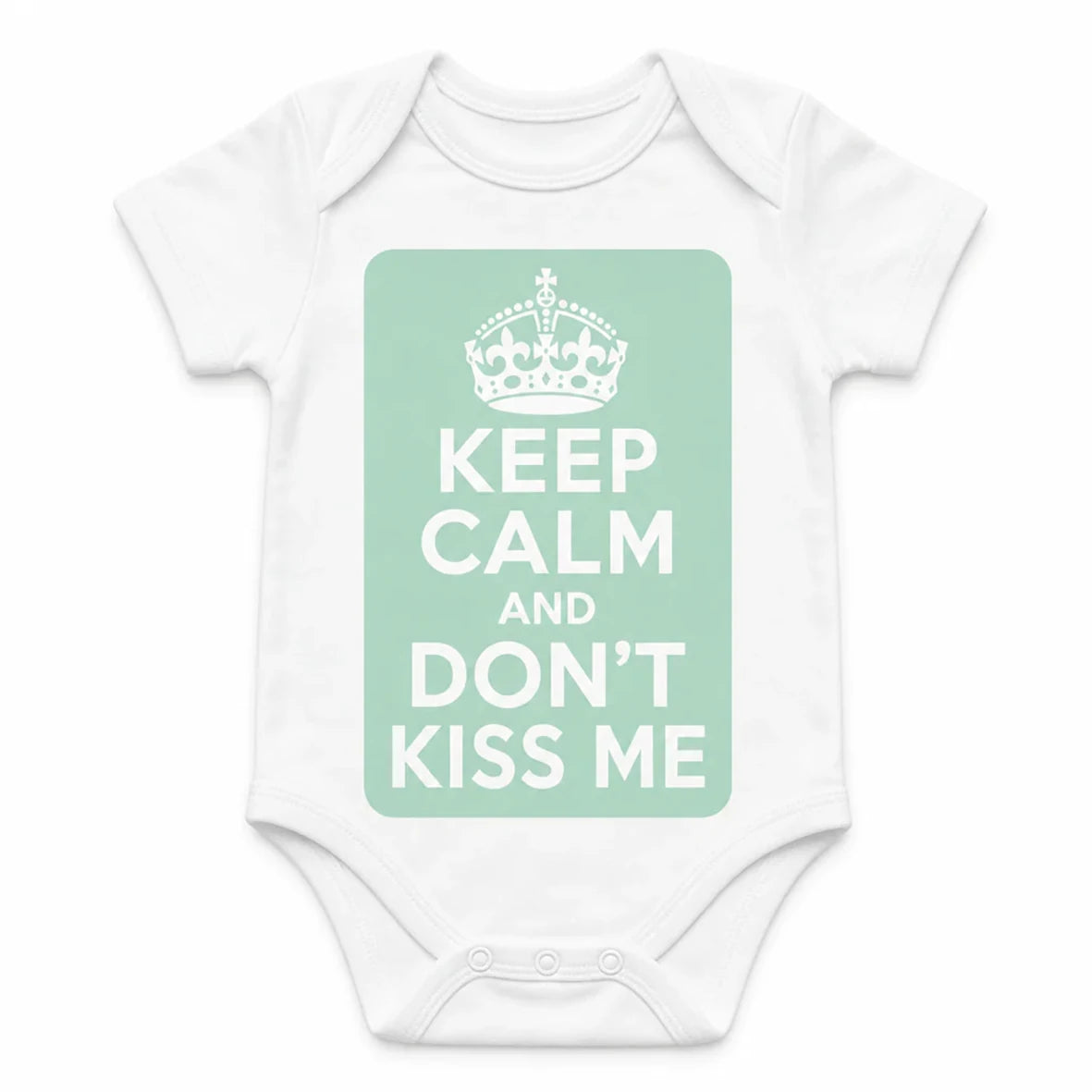 Keep Calm and Don't Kiss Me baby bodysuit in English, White