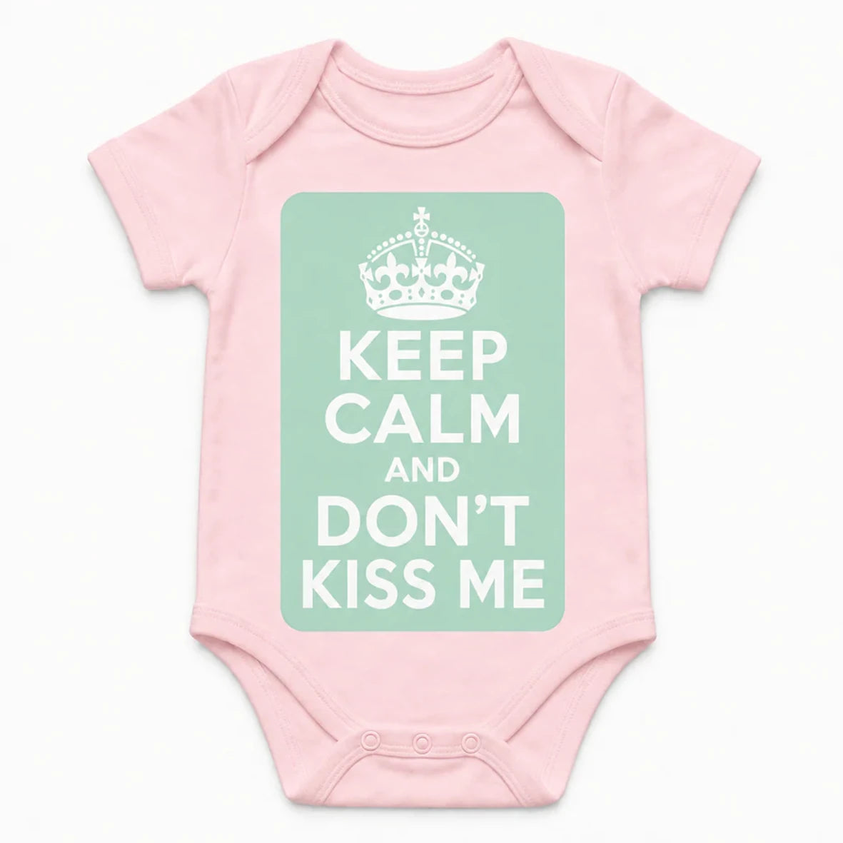 Keep Calm and Don't Kiss Me baby bodysuit in English, Pink