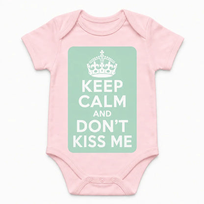 Keep Calm and Don't Kiss Me baby bodysuit in English, Pink