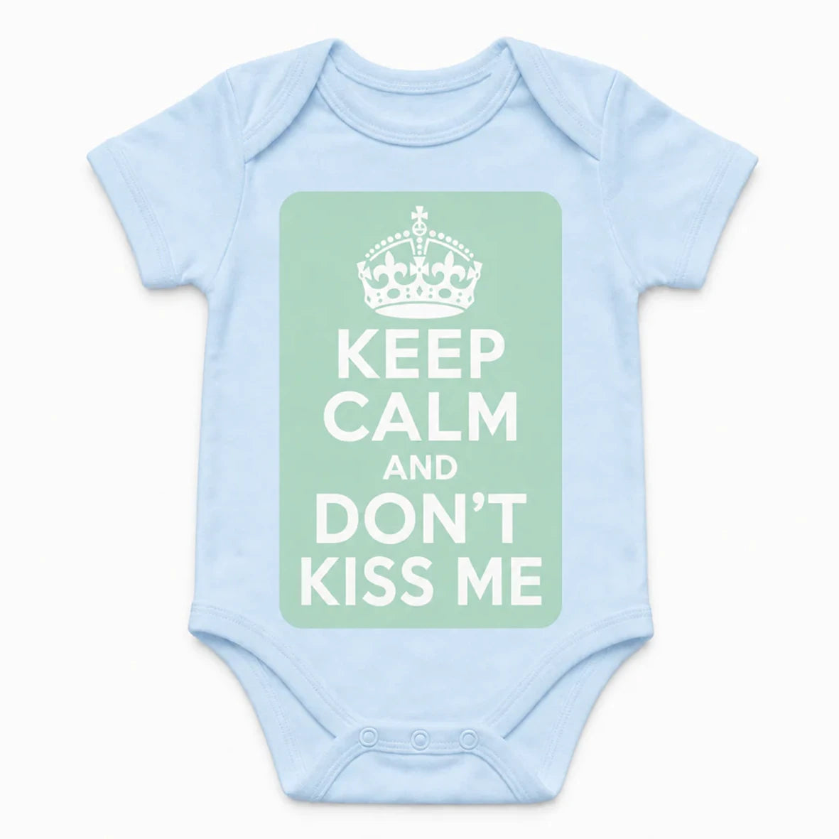 Keep Calm and Don't Kiss Me baby bodysuit in English, Baby Blue