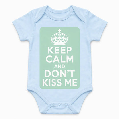 Keep Calm and Don't Kiss Me baby bodysuit in English, Baby Blue