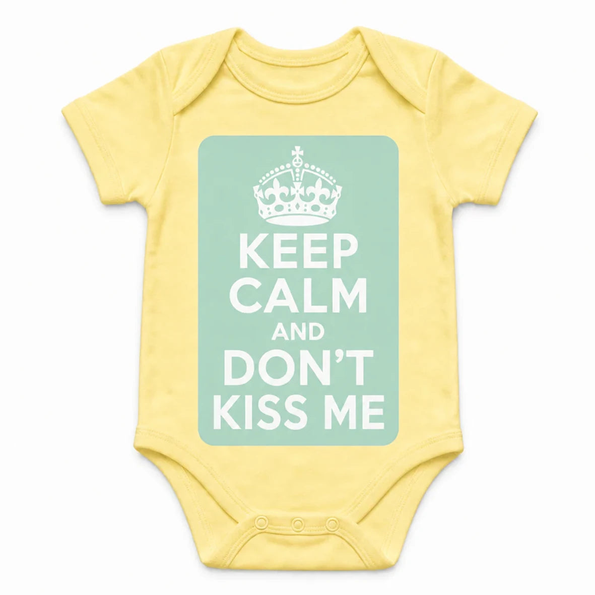 Keep Calm and Don't Kiss Me baby bodysuit in English, Yellow