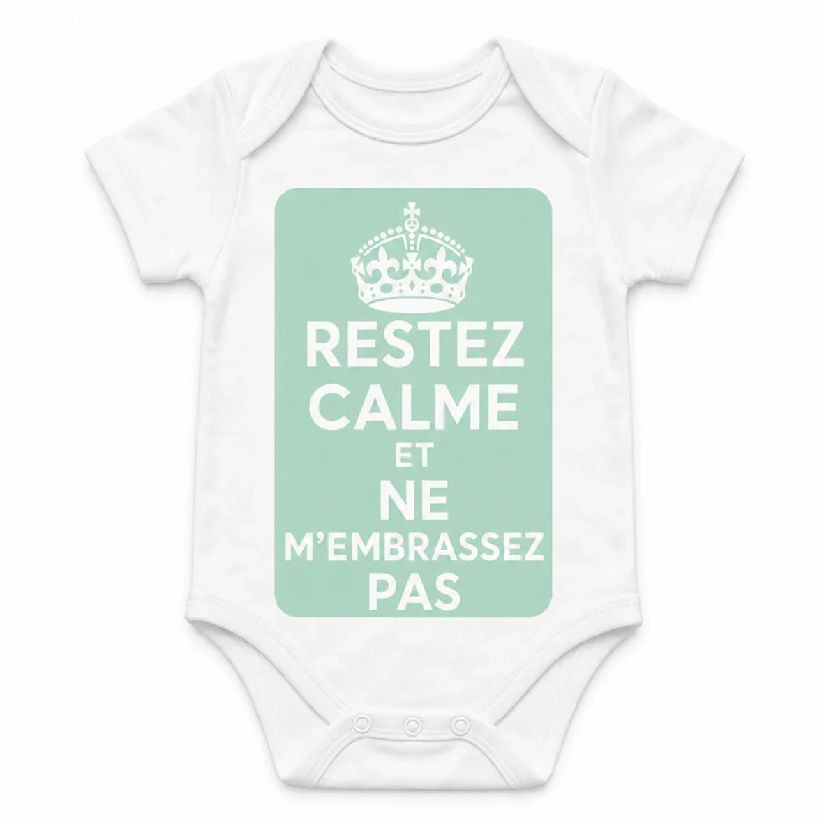 Keep Calm and Don't Kiss Me baby bodysuit in French, White