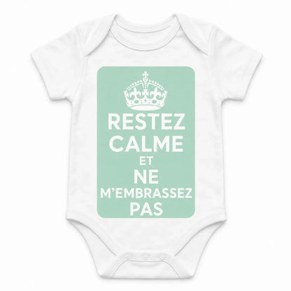 Keep Calm and Don't Kiss Me baby bodysuit in French, White