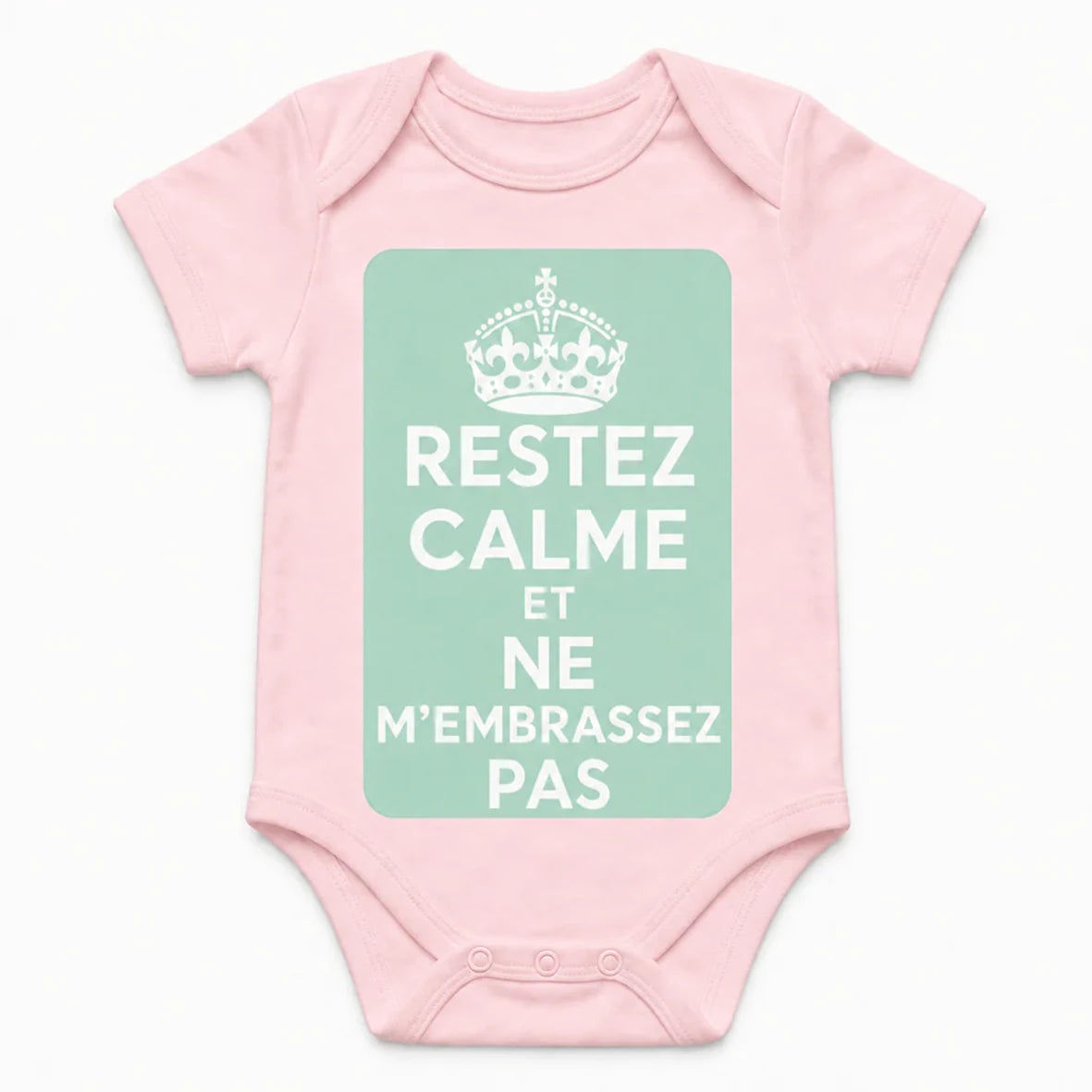 Keep Calm and Don't Kiss Me baby bodysuit in French, Pink