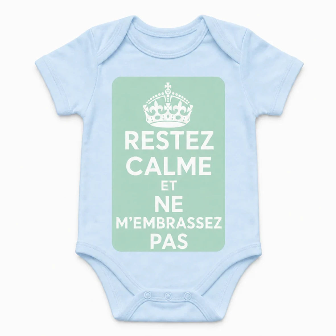 Keep Calm and Don't Kiss Me baby bodysuit in French, Baby Blue