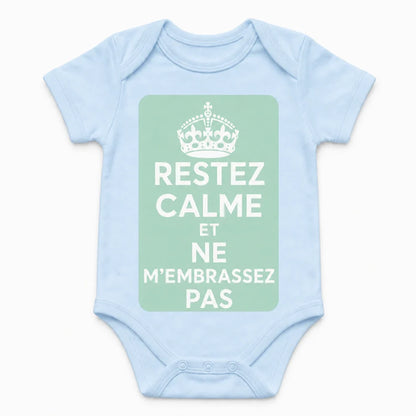 Keep Calm and Don't Kiss Me baby bodysuit in French, Baby Blue