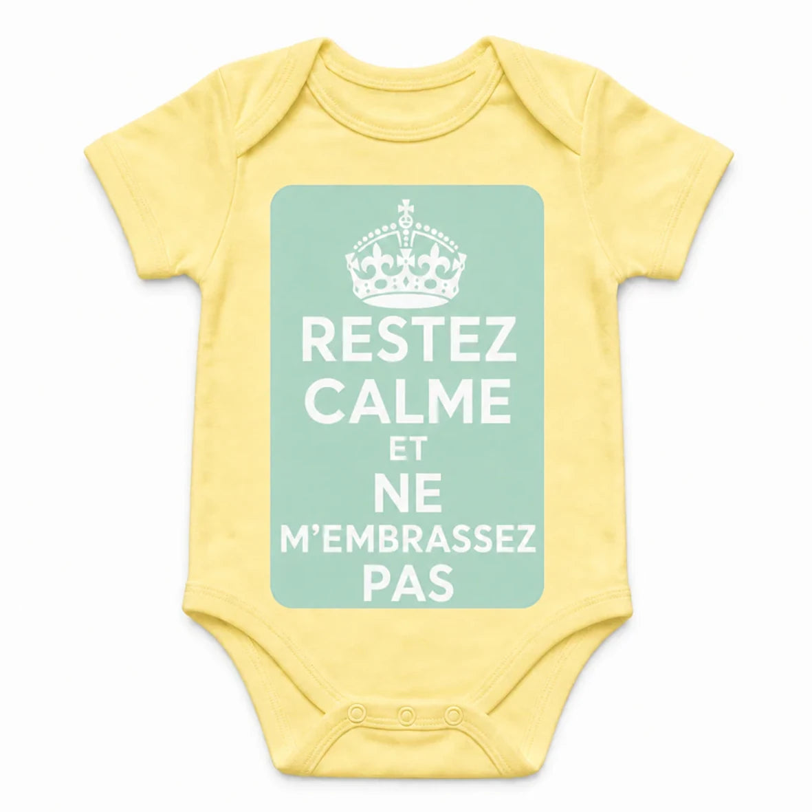 Keep Calm and Don't Kiss Me baby bodysuit in French, Yellow