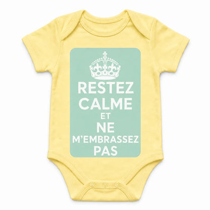 Keep Calm and Don't Kiss Me baby bodysuit in French, Yellow