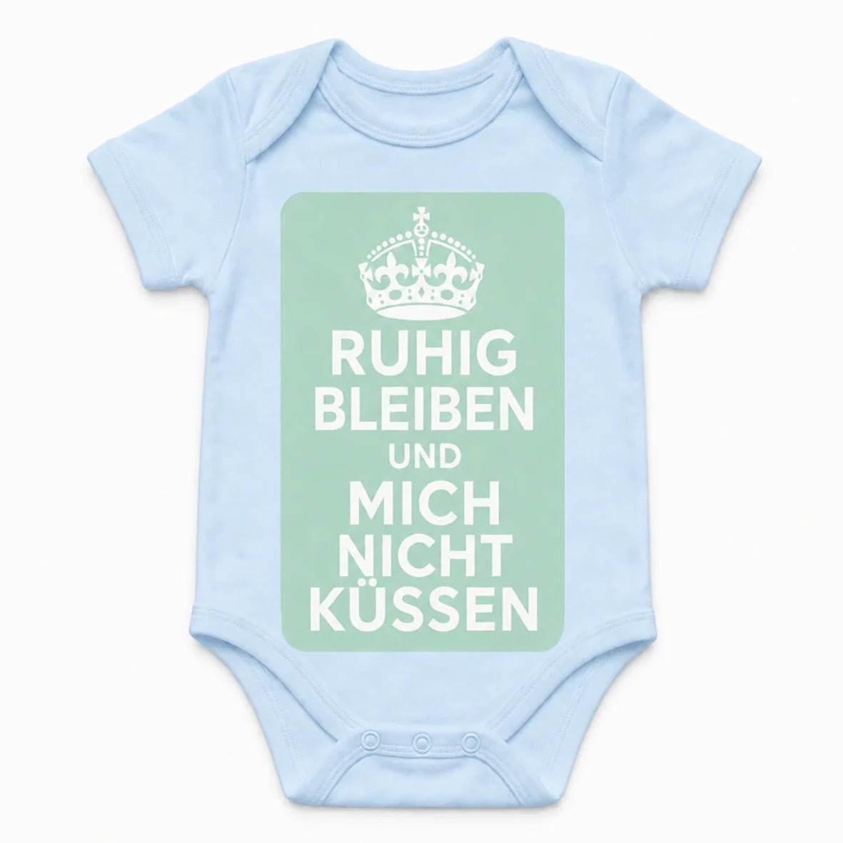Keep Calm and Don't Kiss Me baby bodysuit in German, Baby Blue