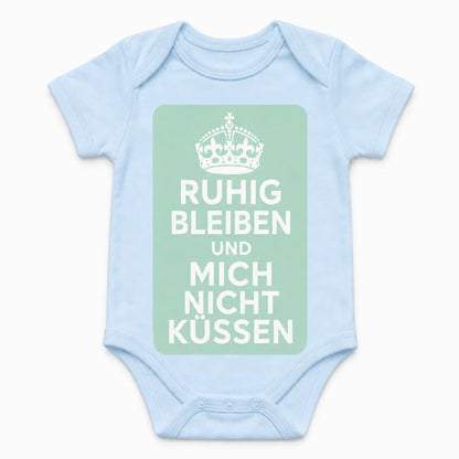 Keep Calm and Don't Kiss Me baby bodysuit in German, Baby Blue