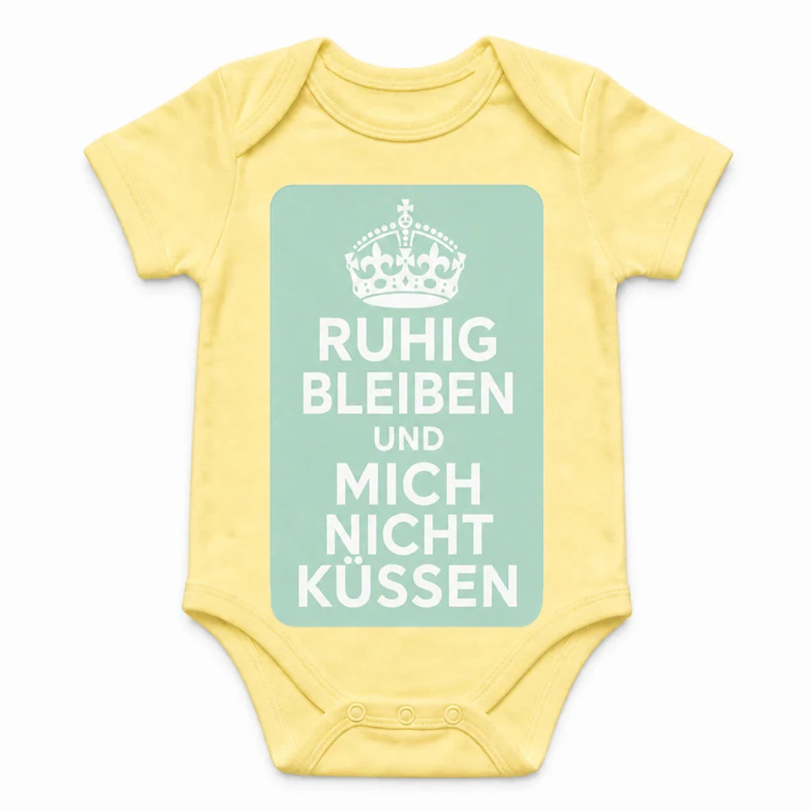 Keep Calm and Don't Kiss Me baby bodysuit in German, Yellow