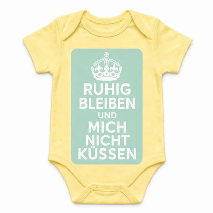 Keep Calm and Don't Kiss Me baby bodysuit in German, Yellow