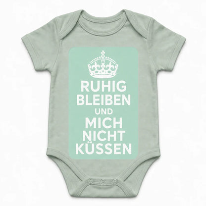 Keep Calm and Don't Kiss Me baby bodysuit in German, Sage
