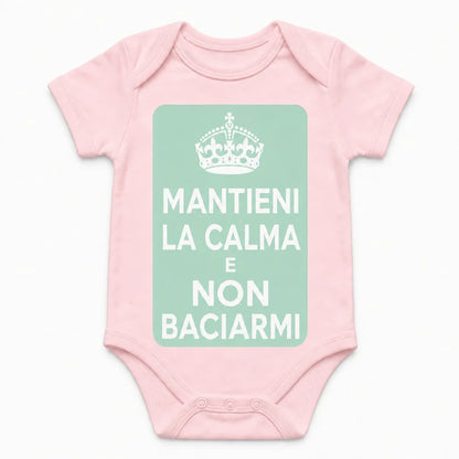 Keep Calm and Don't Kiss Me baby bodysuit in Italian, Pink