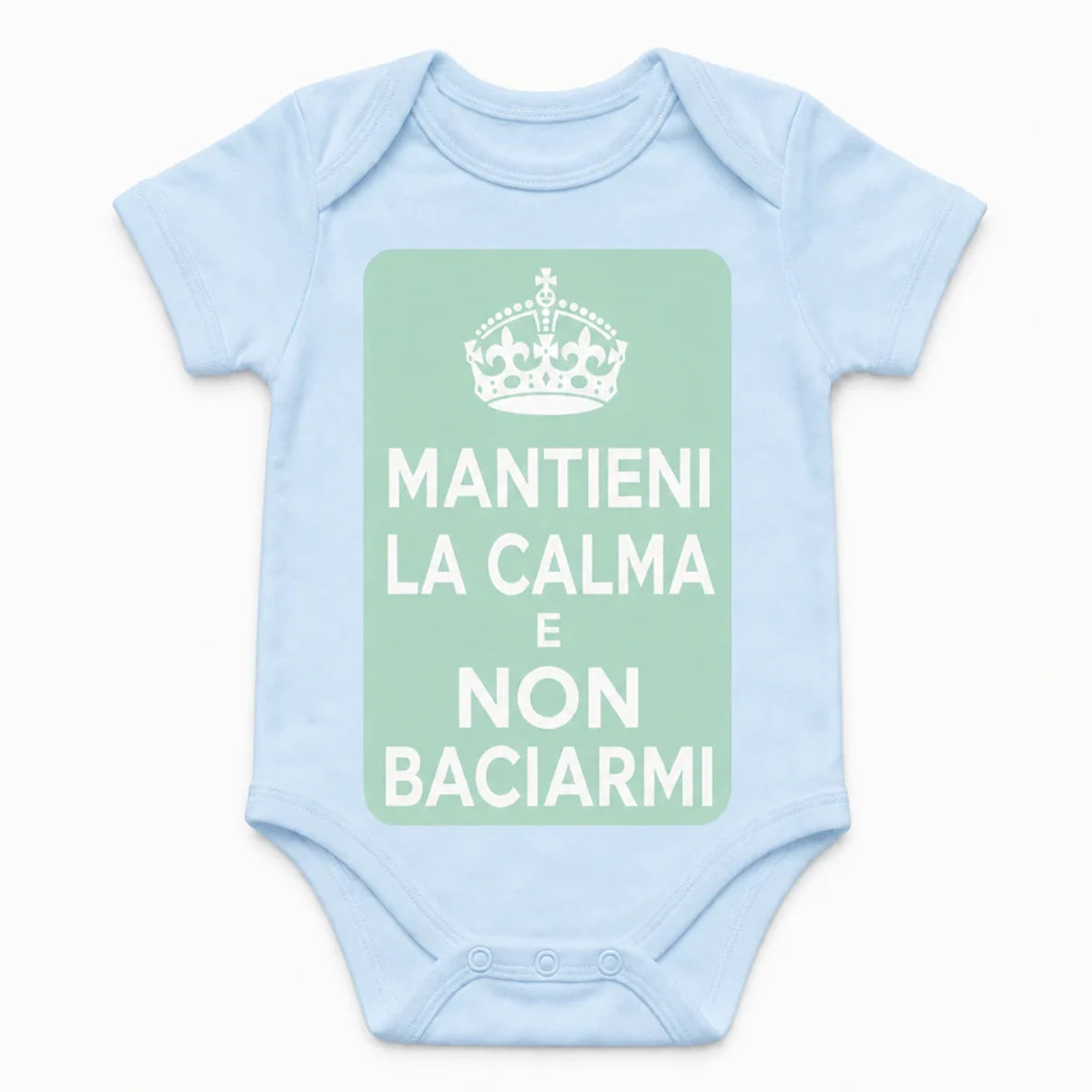 Keep Calm and Don't Kiss Me baby bodysuit in Italian, Baby Blue