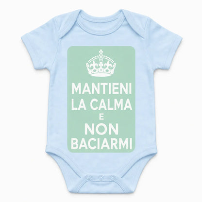 Keep Calm and Don't Kiss Me baby bodysuit in Italian, Baby Blue