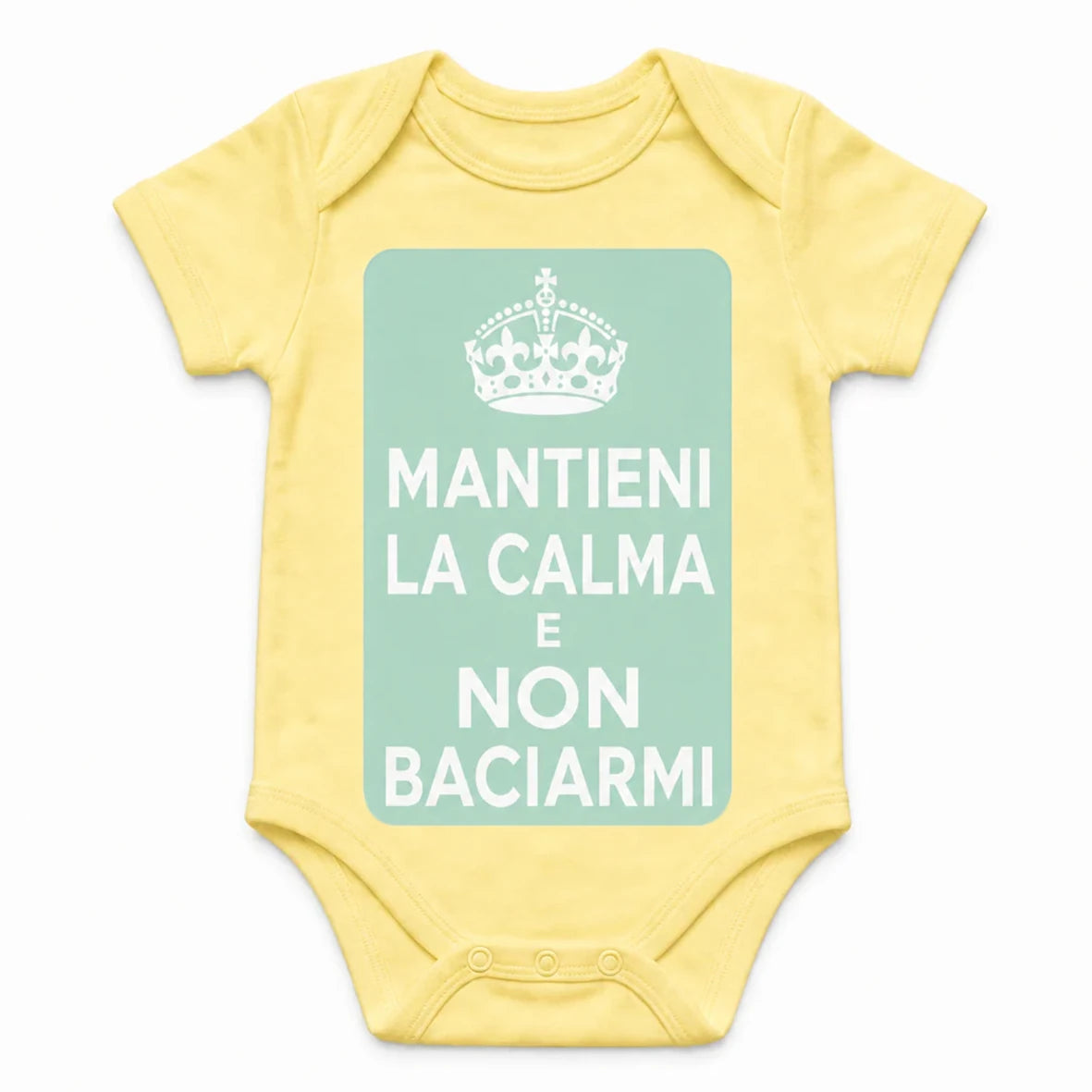 Keep Calm and Don't Kiss Me baby bodysuit in Italian, Yellow