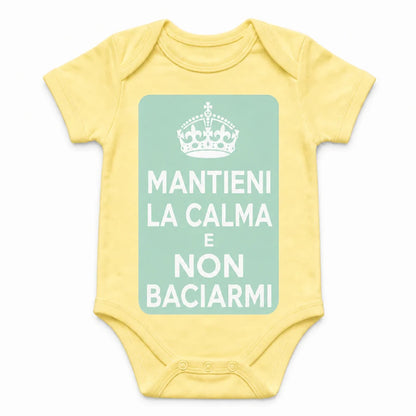 Keep Calm and Don't Kiss Me baby bodysuit in Italian, Yellow