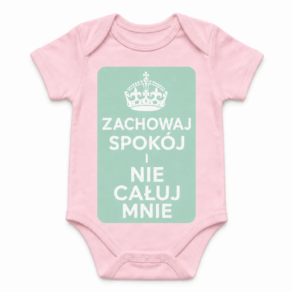 Keep Calm and Don't Kiss Me baby bodysuit in Polish, Pink