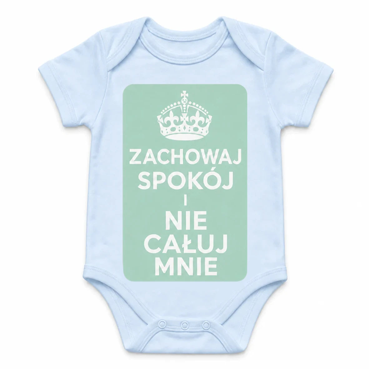 Keep Calm and Don't Kiss Me baby bodysuit in Polish, Baby Blue