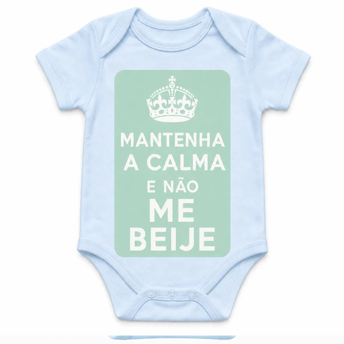 Keep Calm and Don't Kiss Me baby bodysuit in Portuguese, Baby Blue