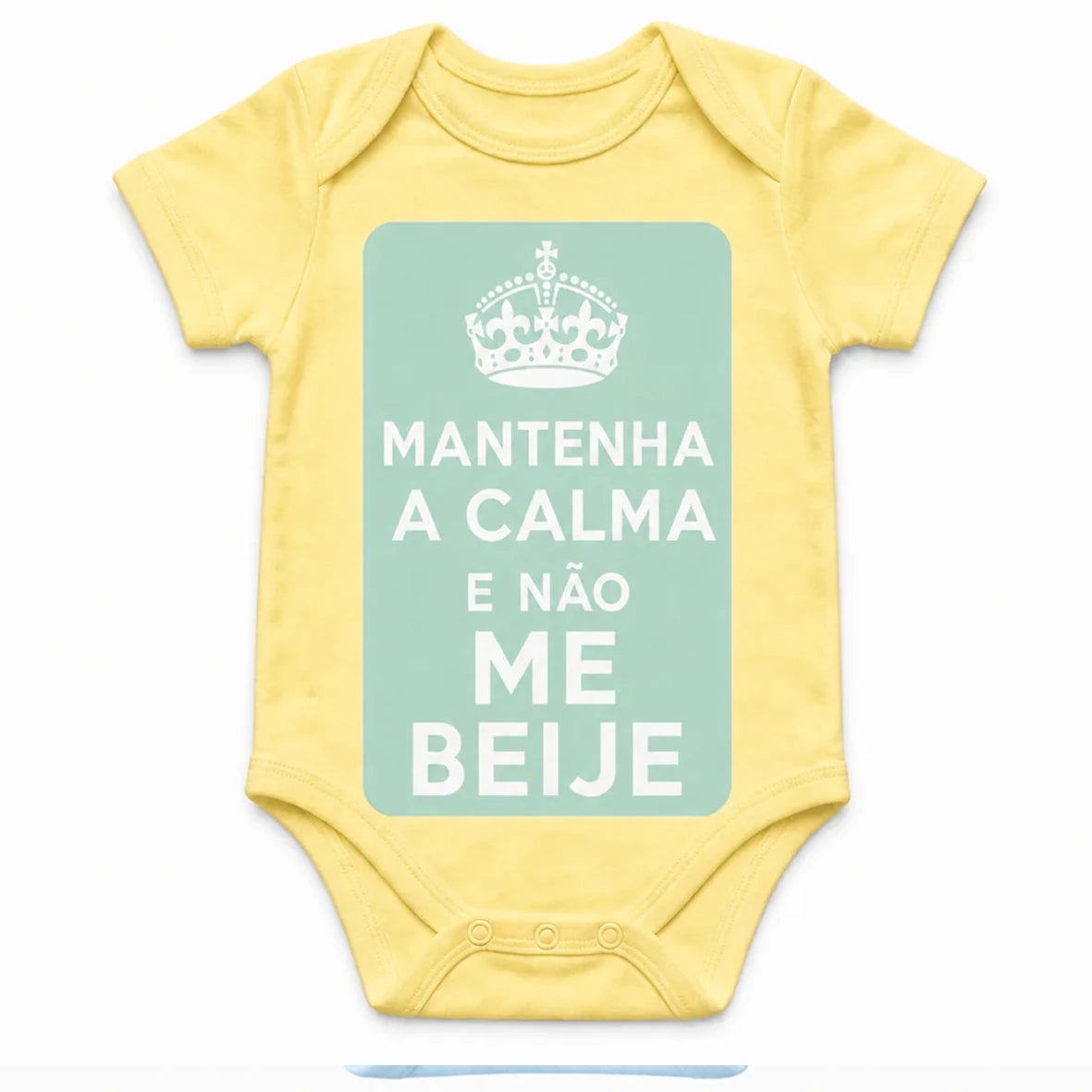 Keep Calm and Don't Kiss Me baby bodysuit in Portuguese, Yellow
