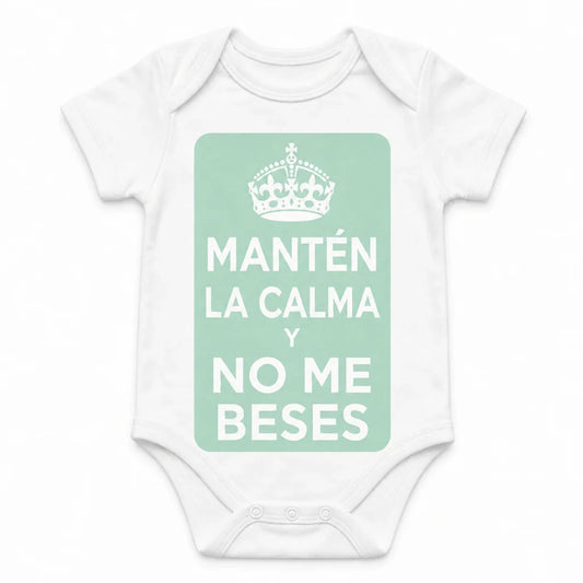 Keep Calm and Don't Kiss Me baby bodysuit in Spanish, White