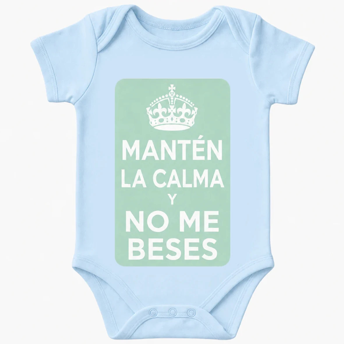 Keep Calm and Don't Kiss Me baby bodysuit in Spanish, Baby Blue