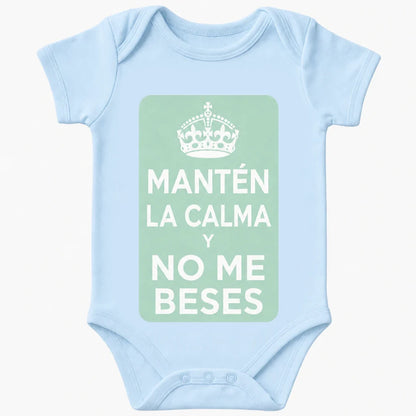 Keep Calm and Don't Kiss Me baby bodysuit in Spanish, Baby Blue