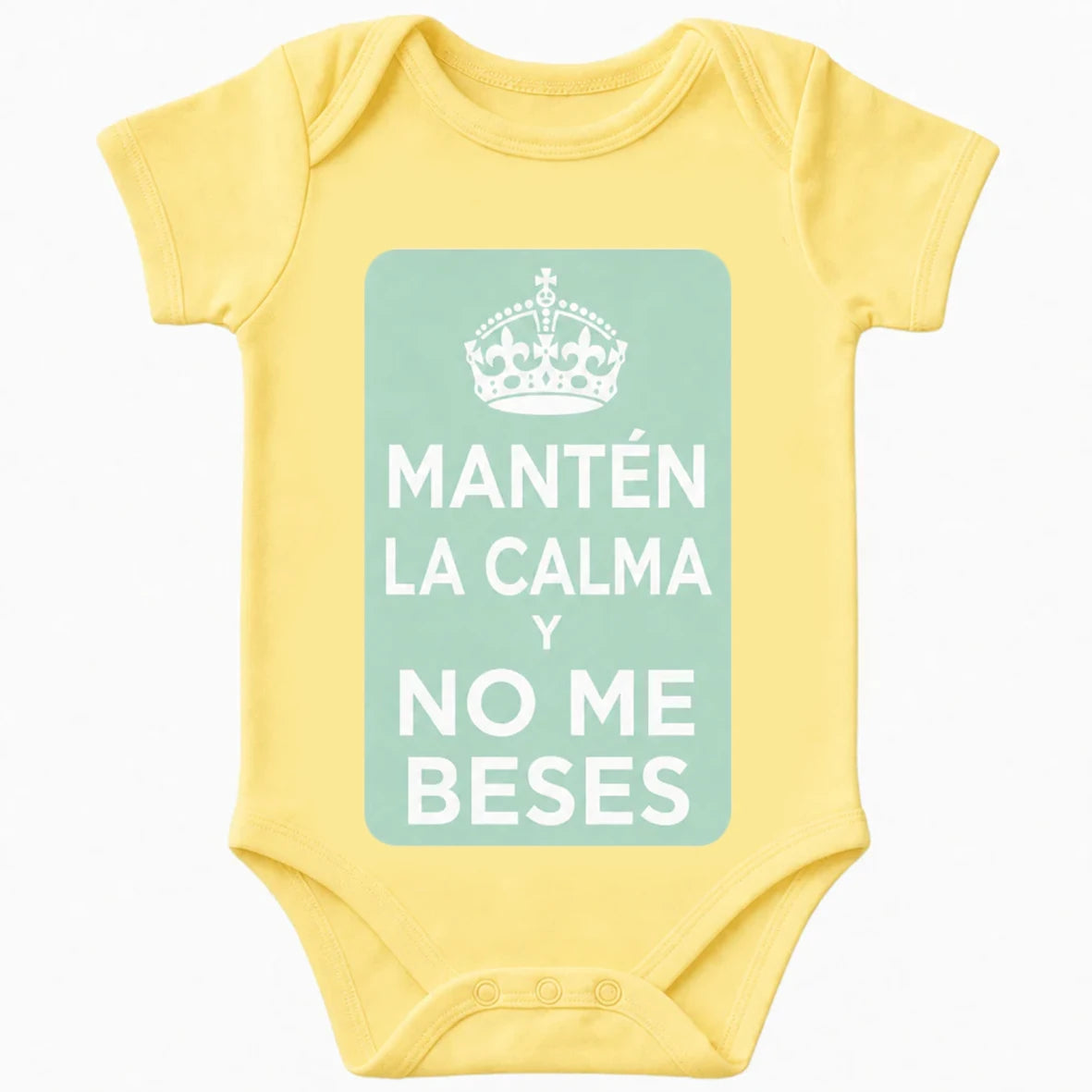 Keep Calm and Don't Kiss Me baby bodysuit in Spanish, Yellow