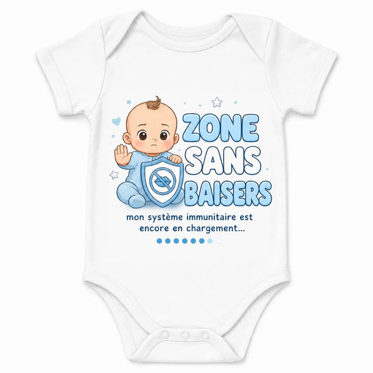 Kiss Free Zone baby bodysuit in French, White