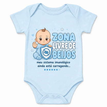Kiss Free Zone baby bodysuit in Portuguese, Baby Blue