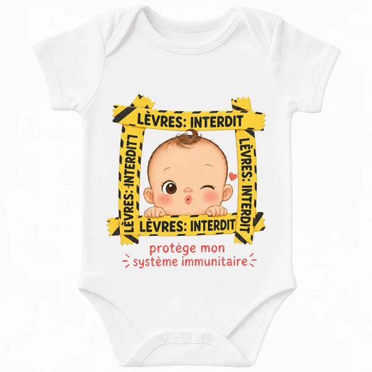 Lips Keep Out baby bodysuit in French, White