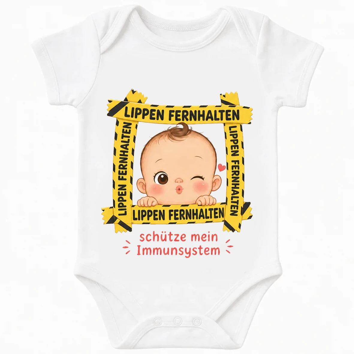 Lips Keep Out baby bodysuit in German, White