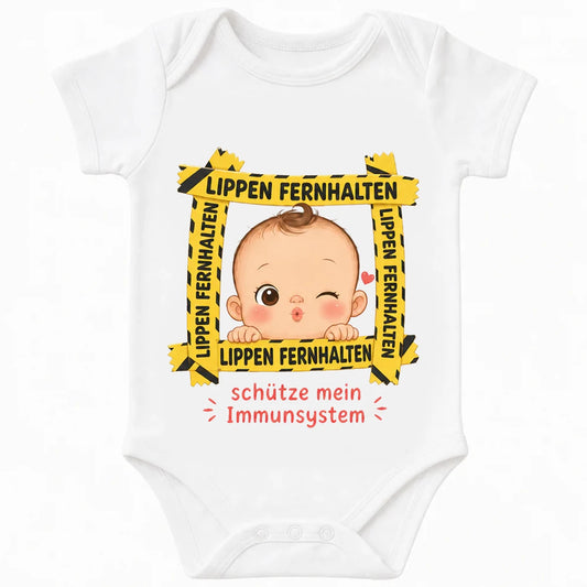 Lips Keep Out baby bodysuit in German, White