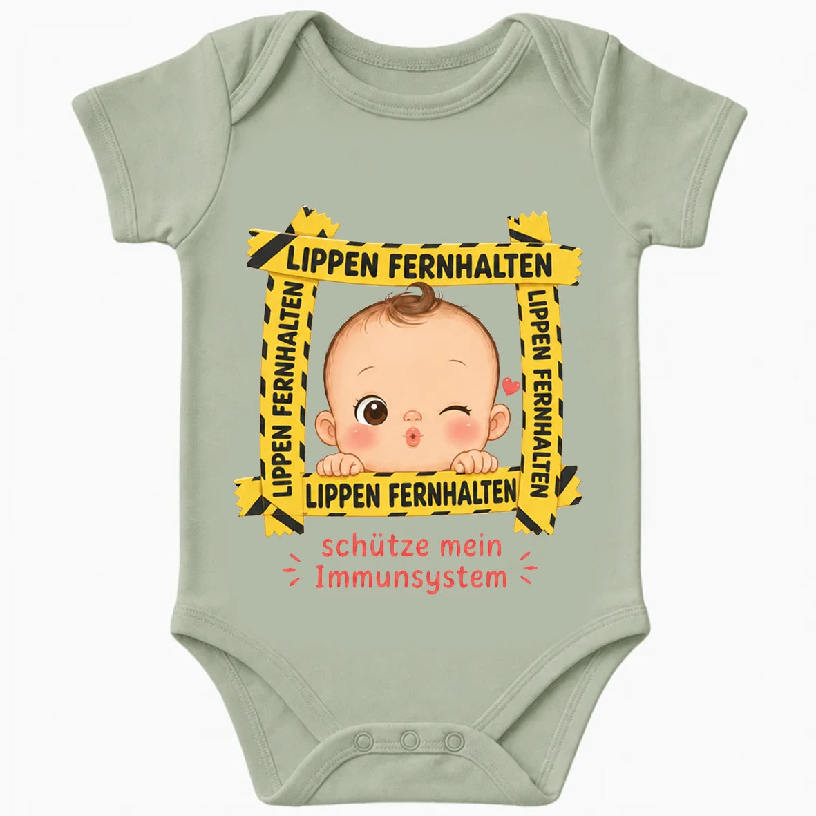 Lips Keep Out baby bodysuit in German, Sage