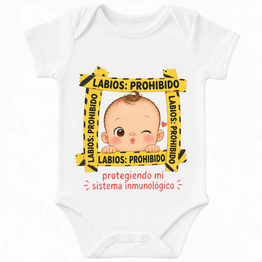 Lips Keep Out baby bodysuit in Spanish, White