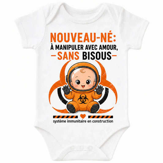 Handle With Love, No Kissing baby bodysuit in French, White