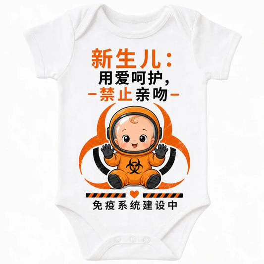 Handle With Love, No Kissing baby bodysuit in Mandarin, White