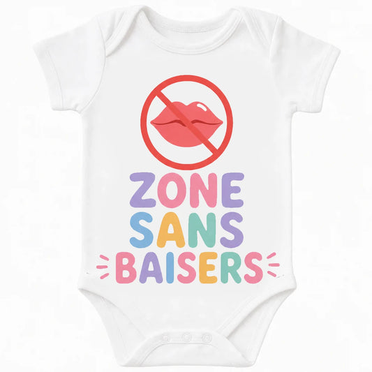 No Kiss Zone baby bodysuit in French, White