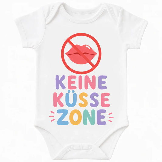 No Kiss Zone baby bodysuit in German, White