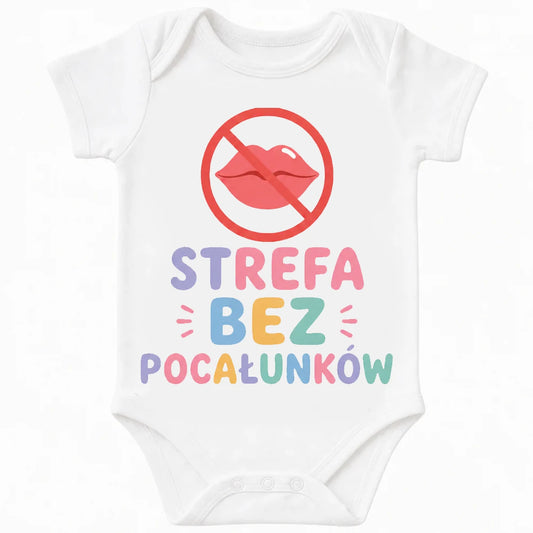 No Kiss Zone baby bodysuit in Polish, White